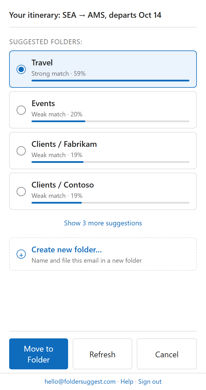 Folder Suggest affiche une correspondance forte pour un e-mail de réservation de vol